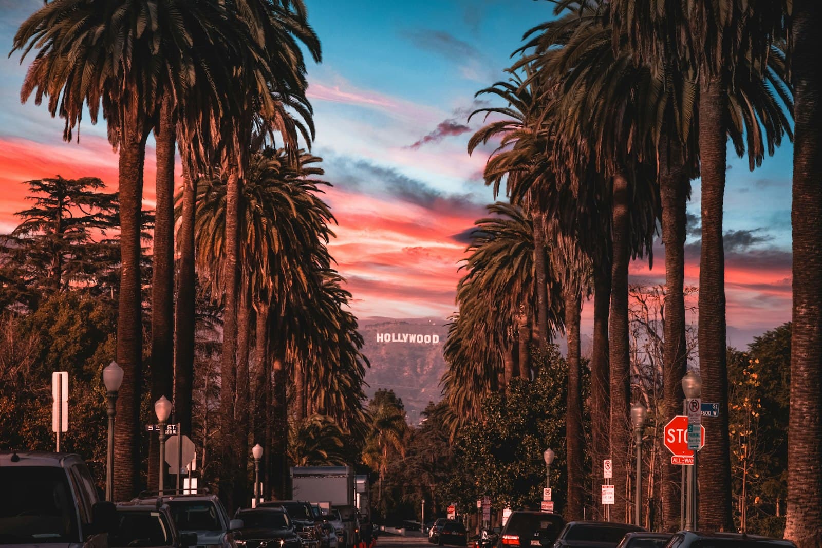 Palm-lined Los Angeles street at sunset